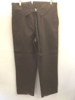 N/L, Brown, Cotton, Solid, Twill, Button Fly, Suspender Buttons on Outside Waistband, 2 Side Seam Pockets, Belted Back,  Made To Order Reproduction  **Has Some Wear/Holes at Hems,