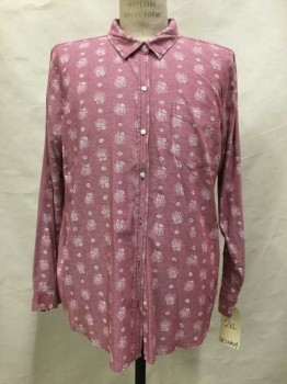 OLD NAVY, Maroon Red, Ivory White, Cotton, Floral, Maroon, Ivory Floral Print, Button Front, Collar Attached, Long Sleeves, 1 Pocket,