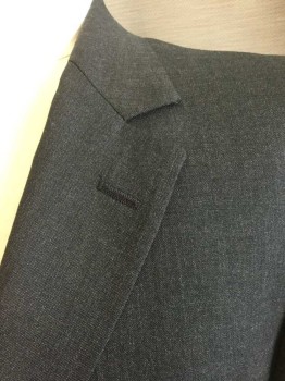 Mens, Suit, Jacket, THE CLOTHIER, Charcoal Gray, Wool, Heathered, 44R, Notched Lapel, 2 Button Single Breasted, 1 Welt Pocket, 2 Pockets with Flaps. Single Vent Center Back,