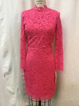 Womens, Cocktail Dress, H&M, Bubble Gum Pink, Poly/Cotton, Floral, 4, Stand Collar, Long Sleeves, Lined Lace, Zip Side and Back with Peekaboo