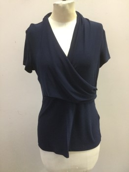 DKNY, Navy Blue, Polyester, Spandex, Solid, Surplice Gathered Top, S/S,
