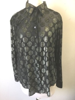 FINLEY, Black, Silver, Polyester, Nylon, Polka Dots, Speckled, Sheer Black with Metallic Specked Burnout Polka Dots, Long Sleeve Button Front, Collar Attached, High/Low Hemline