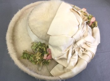 N/L, Cream, Lt Green, Rose Pink, Angora, Silk, Solid, Cream Angora Plush Felt, Wide Brim That Curls Up at Ends, Cream Silk Pleated Band with Large Bows, Light Green & Pink Silk Flowers,