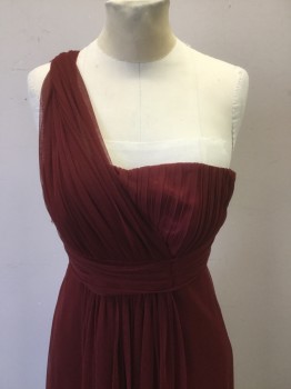Womens, Evening Gown, LA SERA, Wine Red, Polyester, Solid, 4, Strapless with One Shoulder Poly Netting, Pleated Bust and Waist Band, Shearing Panel Overlay Front, Back Zip