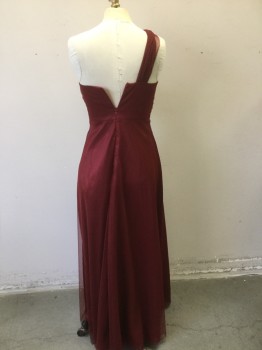 Womens, Evening Gown, LA SERA, Wine Red, Polyester, Solid, 4, Strapless with One Shoulder Poly Netting, Pleated Bust and Waist Band, Shearing Panel Overlay Front, Back Zip