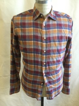 BROOKLYN TAILORS, Orange, Dk Red, Dk Blue, White, Cotton, Plaid, Flannel, Button Front, Collar Attached, Long Sleeves