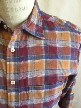 BROOKLYN TAILORS, Orange, Dk Red, Dk Blue, White, Cotton, Plaid, Flannel, Button Front, Collar Attached, Long Sleeves