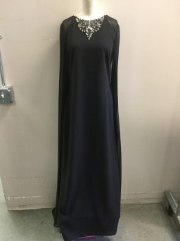 Womens, Evening Gown, VINCE CAMUTO, Black, Polyester, Viscose, Solid, B38, 8, W30, Sleeveless, Chiffon Cape Attached, Center Back Zipper, Rhinestone and Gem Neck Detail, Retro 1960s