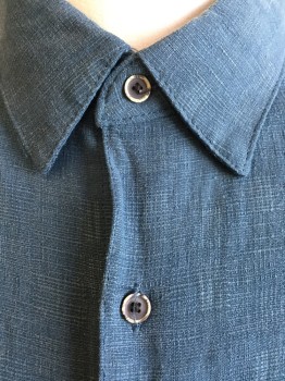 TASSO ELBA, Teal Green, Silk, Linen, Solid, Short Sleeves, Button Front, 1 Pocket, Collar Attached, Light Hatch Mark Texture
