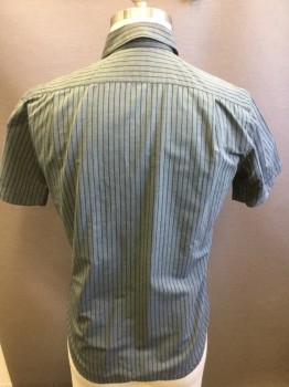 ANTO, Gray, Green, Cotton, Stripes, Grey with Green Pinstripes, Patch Pocket,  Short Sleeves,