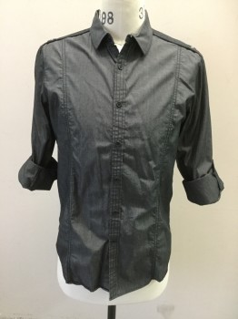 INC., Gray, Cotton, Solid, Button Front, Collar Attached, Grommet Panels on Shoulders, Black Trim on Shoulders/ Back Yoke, Long Sleeves with Button for Tab Button Roll Up