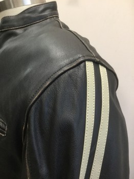 Mens, Leather Jacket, X ELEMENT, Black, Lt Gray, Leather, Solid, Stripes, XL, Black Leather with 2 Light Gray Leather Stripes at Sleeve Outseams, Zip Front, 3 Zip Pockets, Round Neck with 1" Neckband, Stiff/Heavy Padded Shoulders