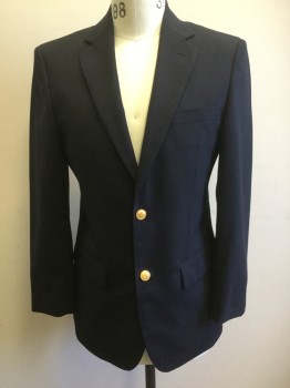 MOORES, Navy Blue, Polyester, Wool, Solid, Single Breasted, 2 Gold Buttons,  Notched Lapel,