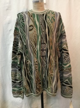 Mens, Pullover Sweater, COOGIE, Putty/Khaki Gray, Green, Gray, Brown, Black, Cotton, Wool, Novelty Pattern, 3 XL , Putty, Green/ Gray/ Brown/ Black Novelty Print, Crew Neck,
