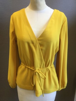 J CREW, Mustard Yellow, Polyester, Solid, Cross Over V-neck, Long Sleeves, Faux Wrap, Side Zipper, Belt