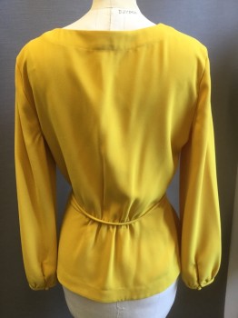 J CREW, Mustard Yellow, Polyester, Solid, Cross Over V-neck, Long Sleeves, Faux Wrap, Side Zipper, Belt
