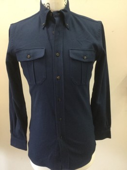 JCREW, Navy Blue, Wool, Cotton, Solid, Button Down Collar, Button Front, Long Sleeves, Pleated Flap Pockets
