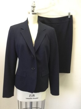 NINE WEST, Navy Blue, Polyester, Viscose, Solid, Single Breasted, Collar Attached, Notched Lapel, 2 Buttons,  2 Flap Pocket