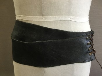 MTO, Black, Leather, Uneven Leather Belt with 1/2 Body Extra Wrap, D-hook Lace Up on One Side and Leather Lace Strap Through Holes on Other