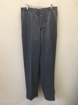 N/L, Slate Blue, Wool, Stripes - Vertical , Herringbone, Vertical Slate Blue Stripes with Herringbone Background, Flat Front, Button Fly, Suspender Buttons at Outside Waist, 2 Pockets, Made To Order Reproduction