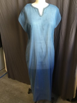 N/L (MTO), French Blue, Cotton, Polyester, Solid, Gold Hand-Stitches and Black Cross-stitches Along Round V-neck, Sheer, Cut-off Sleeves, Floor Length with 12" Side Split.