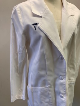 Womens, Lab Coat Women, CHEROKEE, White, Poly/Cotton, Solid, Sz.4, 3 Button Front,  Notch Collar, Navy Medical Symbol Embroidered at Chest, Long Sleeves, 2 Pockets, Back Waistband Ties