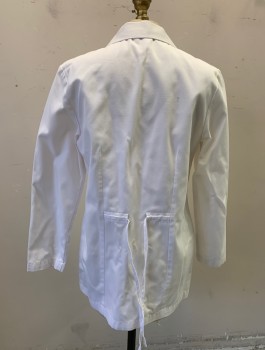 Womens, Lab Coat Women, CHEROKEE, White, Poly/Cotton, Solid, Sz.4, 3 Button Front,  Notch Collar, Navy Medical Symbol Embroidered at Chest, Long Sleeves, 2 Pockets, Back Waistband Ties