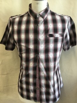 7 DIAMONDS, Black, Gray, Off White, Brick Red, Teal Blue, Cotton, Polyester, Plaid, Diamonds, Collar Attached, Button Front, 1 Pocket, Ss