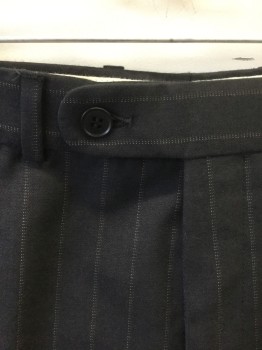 PAUL DIONE, Dk Gray, Lt Brown, Wool, Stripes - Pin, Dark Gray with Light Brown Dotted Vertical Triple Pin Stripes, Flat Front, Button Tab Waist, Zip Fly, 4 Pockets