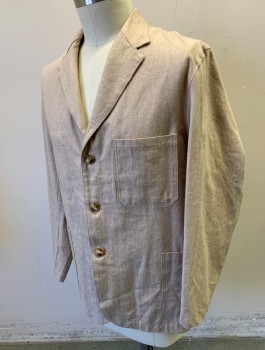 DARCY, Beige, Cream, Cotton, Linen, Herringbone, Single Breasted, Notched Lapel, 3 Buttons, 3 Patch Pockets,