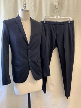 ZARA MAN, Navy Blue, Polyester, Viscose, Solid, Notched Lapel, Single Breasted, Button Front, 2 Buttons, 3 Pockets, Double Back Vent