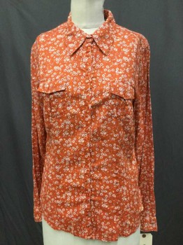 NEW YORK & COMPANY, Dk Orange, Off White, Wine Red, Floral, Stripes - Vertical , Dark Orange W/self Texture Vertical Stripes , Off White W/wine Small Floral Print, Collar Attached, Button Front, Long Sleeves, 2 Pockets W/flaps