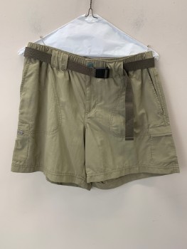 Mens, Shorts, COLUMBIA, Taupe, Polyester, Solid, M, Elastic Waist, Zip Front, 4 Pockets Including Cargo Pockets, With Belt,  Brown Webbed with Black Buckle