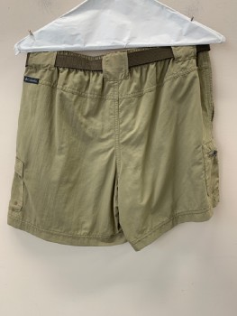 Mens, Shorts, COLUMBIA, Taupe, Polyester, Solid, M, Elastic Waist, Zip Front, 4 Pockets Including Cargo Pockets, With Belt,  Brown Webbed with Black Buckle