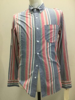 JCREW, Red, Rose Pink, Green, Navy Blue, White, Cotton, Stripes - Vertical , Button Front, Button Down Collar, Long Sleeves, 1 Pocket,