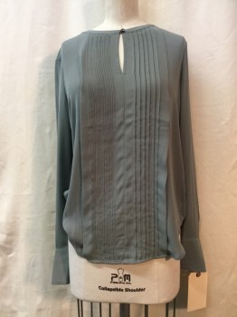 ANN TAYLOR, Sage Green, Polyester, Spandex, Solid, Pleated Center Front, Key Hole with Button, Crew Neck, Long Sleeves,