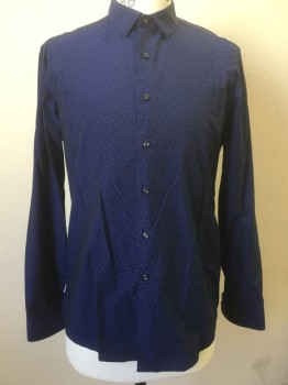 BEN SHERMAN, Blue, Lt Blue, Cotton, Dots, Button Front, Collar Attached, Long Sleeves, Lt Blue Dotted Mini Lines