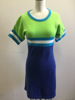 Womens, Dress, Short Sleeve, DELIA'S, Lime Green, Turquoise Blue, Blue, White, Acrylic, Polyamide, Color Blocking, 2, XS, Pullover, Horizontal Stripes, Crew Neck,