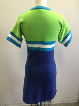 Womens, Dress, Short Sleeve, DELIA'S, Lime Green, Turquoise Blue, Blue, White, Acrylic, Polyamide, Color Blocking, 2, XS, Pullover, Horizontal Stripes, Crew Neck,