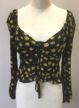 LOST + WANDER, Black, Sunflower Yellow, Green, Rayon, Floral, Black with Sunny Yellow Flowers with Green Leaves Pattern, Gauze, Long Sleeves, Plunging Sweetheart Bustline, Lacing/Ties at Center Front, Short/Cropped Length, Center Back Zipper