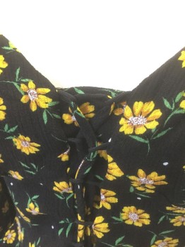 LOST + WANDER, Black, Sunflower Yellow, Green, Rayon, Floral, Black with Sunny Yellow Flowers with Green Leaves Pattern, Gauze, Long Sleeves, Plunging Sweetheart Bustline, Lacing/Ties at Center Front, Short/Cropped Length, Center Back Zipper