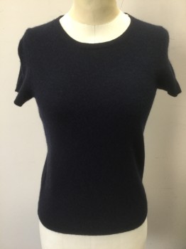 C BY BLOOMINGDALES, Navy Blue, Cashmere, Solid, Dark Navy, Knit, Short Sleeves, Scoop Neck, Pullover