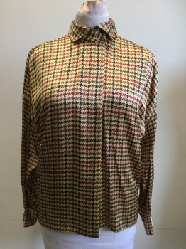 ELLEN TRACY, Tan Brown, Olive Green, Dk Red, Black, Gold, Silk, Houndstooth, Grid , Houndstooth with Black and Dark Red Grid, Button Front, Hidden Placket, Collar Attached, Long Sleeves