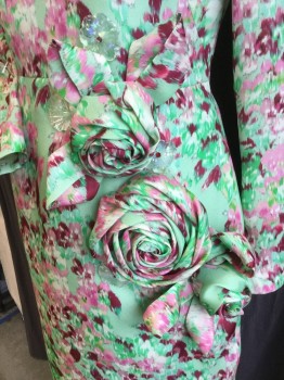 Womens, Cocktail Dress, THE 2ND SKIN CO., Mint Green, Maroon Red, Pink, Cream, Lt Green, Polyester, Silk, Floral, Abstract , W:28, B:32, Crew Neck,  Big Diagonal Pocket with 3 Self Folded Flowers/Leaves and 5 Clear Flower/leave on Upper Left Skirt, Long Sleeves with Mint Zipper at Cuffs, Sold Light Mint Lining, Mint Zip Back, Slit Back Center Hem