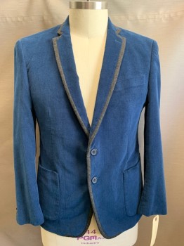 SEAN JOHN, Teal Blue, Charcoal Gray, Cotton, Solid, Teal Corduroy with Charcoal Trim, 1 Button Front, Notched Lapel, 3 Pockets,