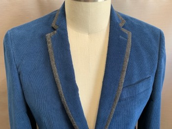 SEAN JOHN, Teal Blue, Charcoal Gray, Cotton, Solid, Teal Corduroy with Charcoal Trim, 1 Button Front, Notched Lapel, 3 Pockets,