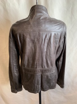 Mens, Leather Jacket, DANIER, Brown, Leather, Solid, L, Zip Front, 2 Zip Pockets, 2 Side Pocket, Collar Attached, Snap Cuffs