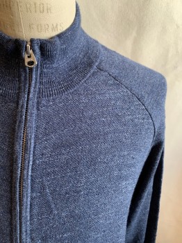 Mens, Cardigan Sweater, J CREW, Navy Blue, Cotton, Heathered, M, Zip Front, High Neck, Ribbed Knit Neck/Waistband/Cuff, Raglan Long Sleeves, 2 Pockets