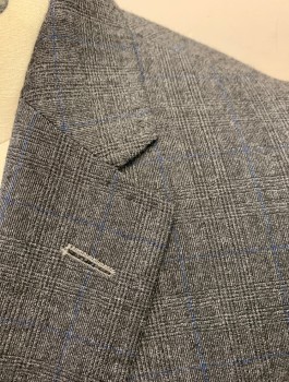 TED BAKER, Gray, Royal Blue, Charcoal Gray, Wool, Glen Plaid, Single Breasted, Notched Lapel with Hand Picked Stitching, 2 Buttons,  3 Pockets, Dark Purple Geometric Pattern Lining