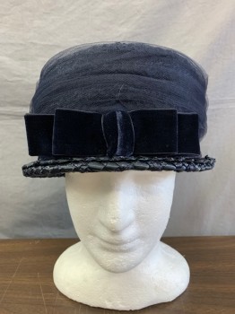 NO LABEL, Navy Blue, Straw, Basket Weave, Narrow Brim, Round Crown with Flap Top, Mesh Wrapped Around Crown, Velvet Ribbon & Bow at Base